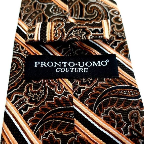 Pronto Uomo Couture Paisley Striped Brown Woven Silk Tie - Picture 3 of 6